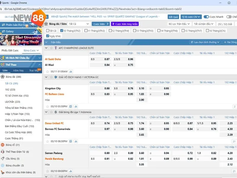 Cá cược bóng đá tại New88 cung cấp đến hàng trăm kèo ngon mỗi ngày