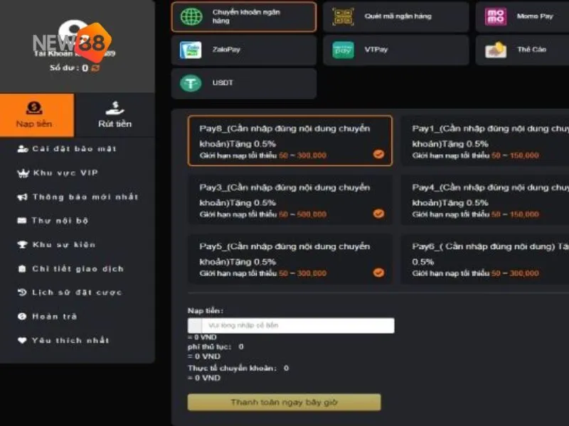 Giao diện liên kết tài khoản ngân hàng New88