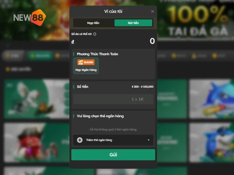 Giao diện rút tiền New88 về ngân hàng