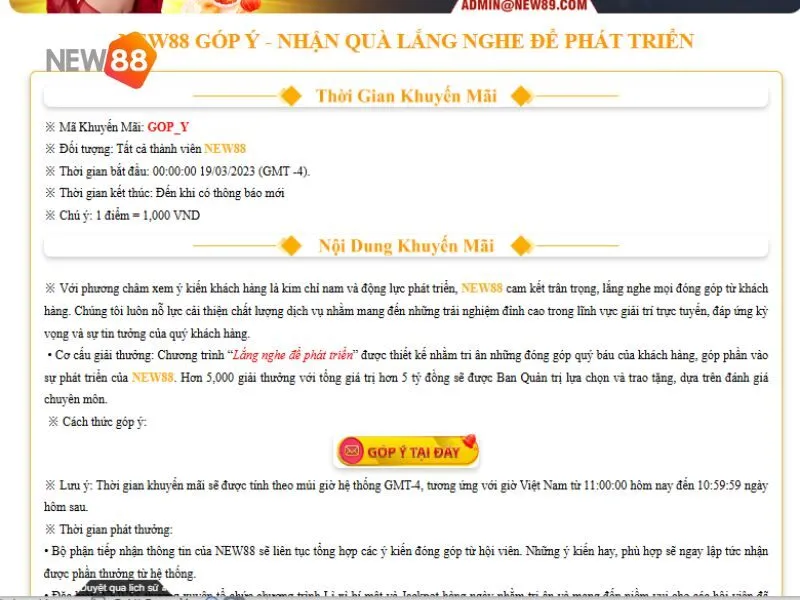 Giới thiệu Khuyến mãi: Góp ý New88 - Nhận quà liền tay