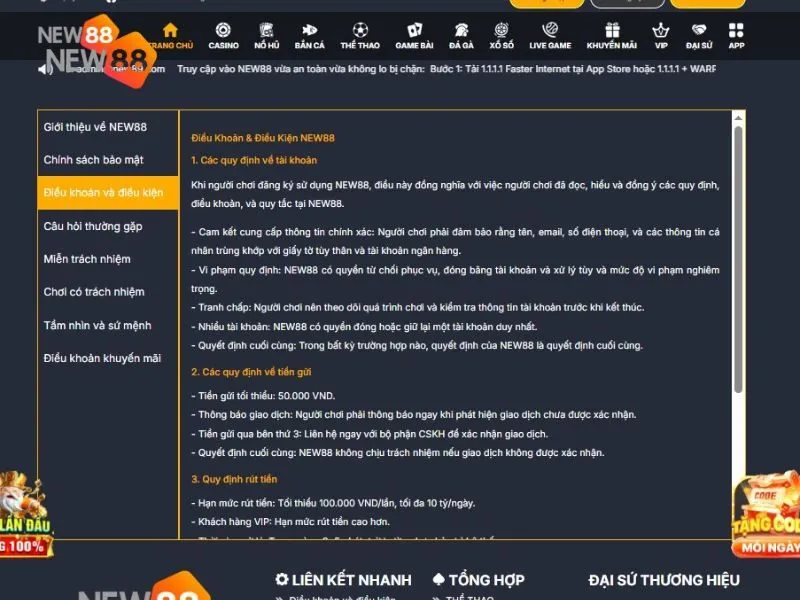 Quy định về điều khoản sử dụng tài khoản New88